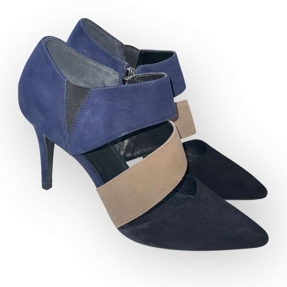 Trina Turk Suede Colorblock‎ Pumps Women 7M Blue Tan Black Excellent Cutout Heel